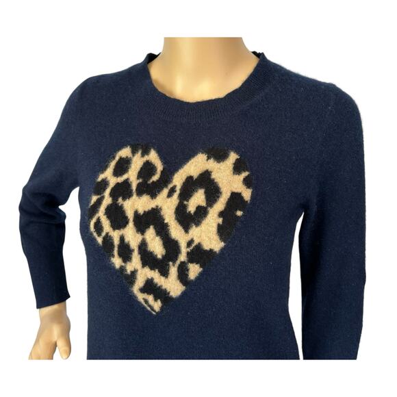 J. Crew Everyday Pure Cashmere Crewneck Sweater with Leopard Heart Blue Size S - Picture 7 of 12